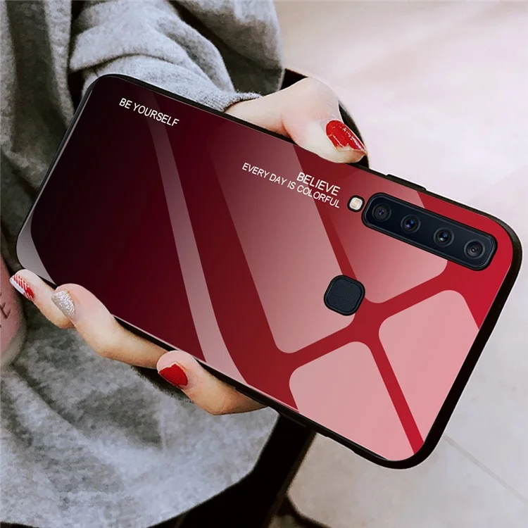 Gradient Color Glass + PC + TPU Hybrid Cover for Samsung Galaxy A9 (2018)/A9 Star Pro/A9s - Red