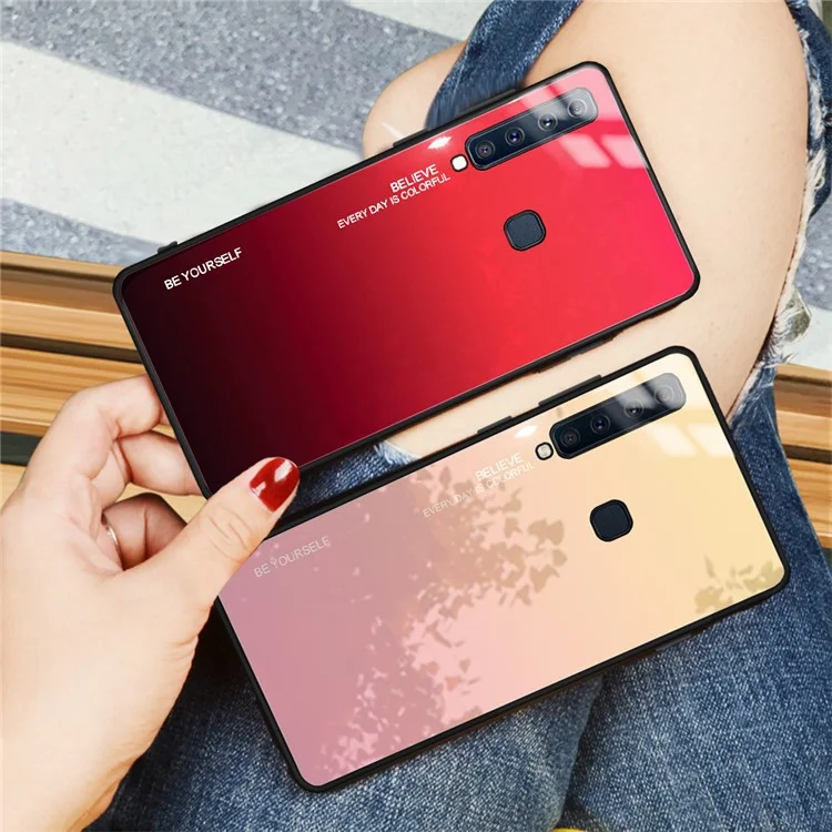 Gradient Color Glass + PC + TPU Hybrid Cover for Samsung Galaxy A9 (2018)/A9 Star Pro/A9s - Red