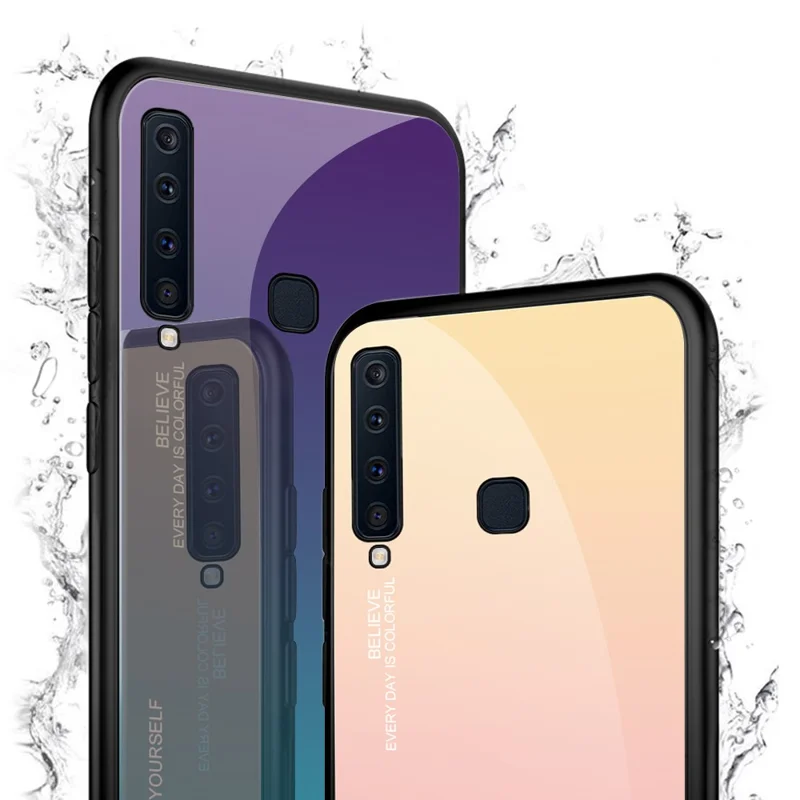 Gradient Color Glass + PC + TPU Hybrid Cover for Samsung Galaxy A9 (2018)/A9 Star Pro/A9s - Pink / Purple