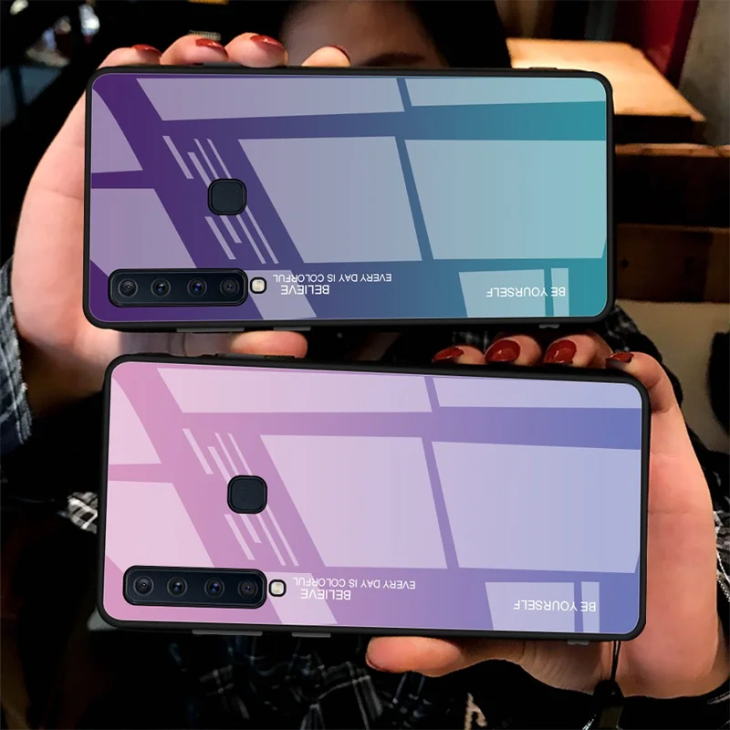 Gradient Color Glass + PC + TPU Hybrid Cover for Samsung Galaxy A9 (2018)/A9 Star Pro/A9s - Pink / Purple