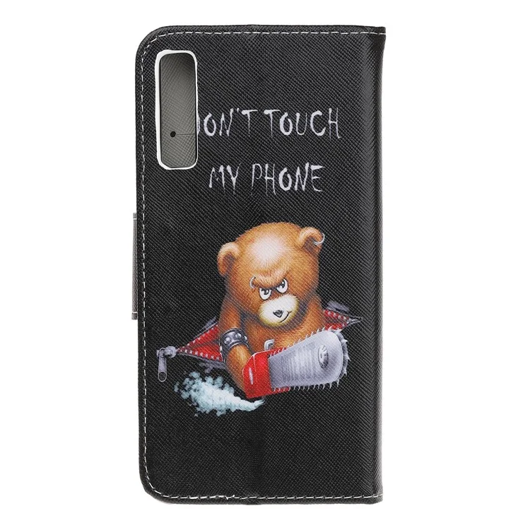 Pattern Printing Cross Texture Leather Wallet Case for Samsung Galaxy A70 - Brown Bear and Warning Words