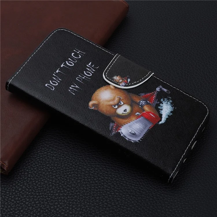 Pattern Printing Cross Texture Leather Wallet Case for Samsung Galaxy A70 - Brown Bear and Warning Words