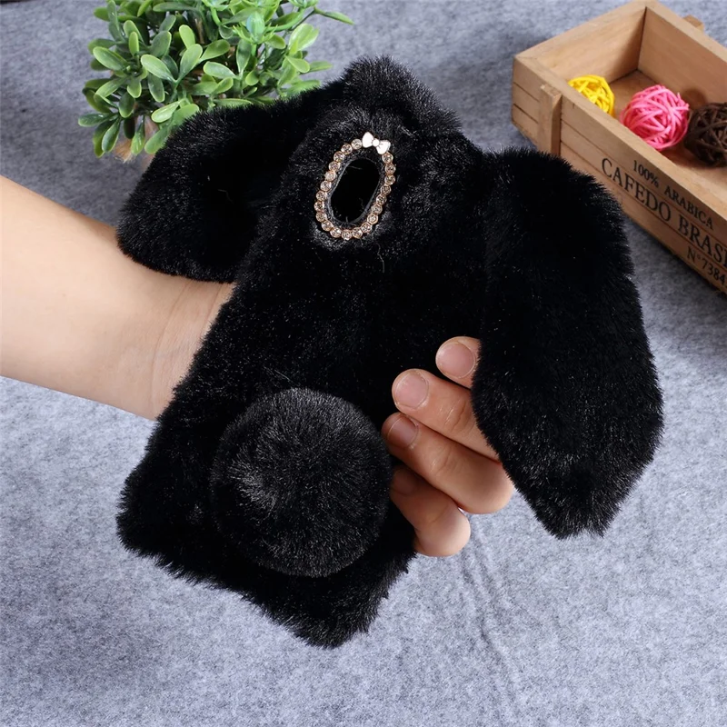 Rabbit Shape Fluffy Fur Coated Rhinestone TPU Case for Samsung Galaxy A10 - Black