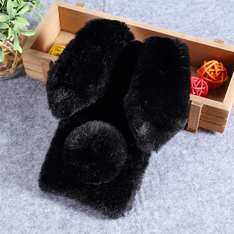 Rabbit Shape Fluffy Fur Coated Rhinestone TPU Case for Samsung Galaxy A10 - Black