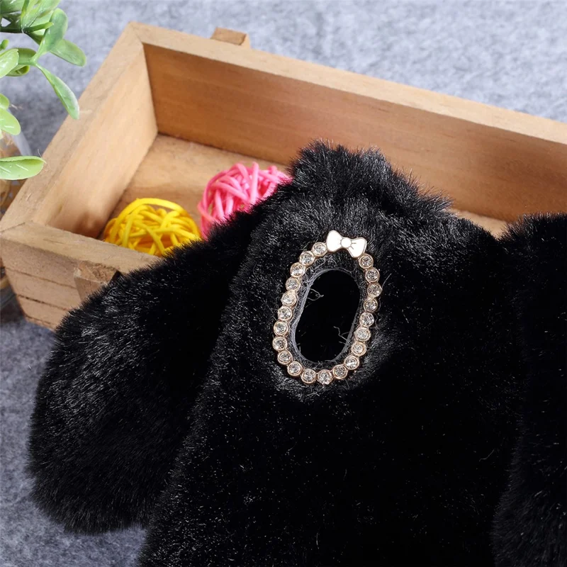 Rabbit Shape Fluffy Fur Coated Rhinestone TPU Case for Samsung Galaxy A10 - Black
