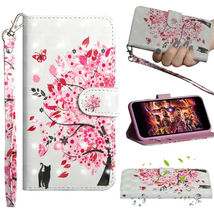 Light Spot Decor Patterned Leather Wallet Phone Casing for Samsung Galaxy A10 - Cat and Flowered Tree