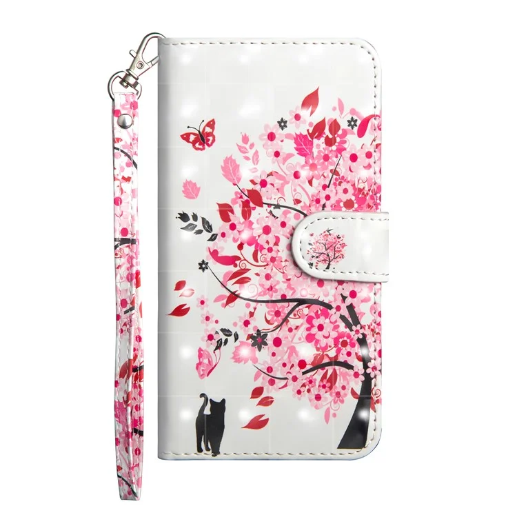 Light Spot Decor Patterned Leather Wallet Phone Casing for Samsung Galaxy A10 - Cat and Flowered Tree