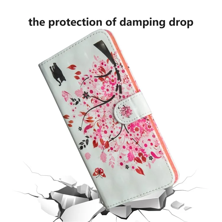 Light Spot Decor Patterned Leather Wallet Phone Casing for Samsung Galaxy A10 - Cat and Flowered Tree