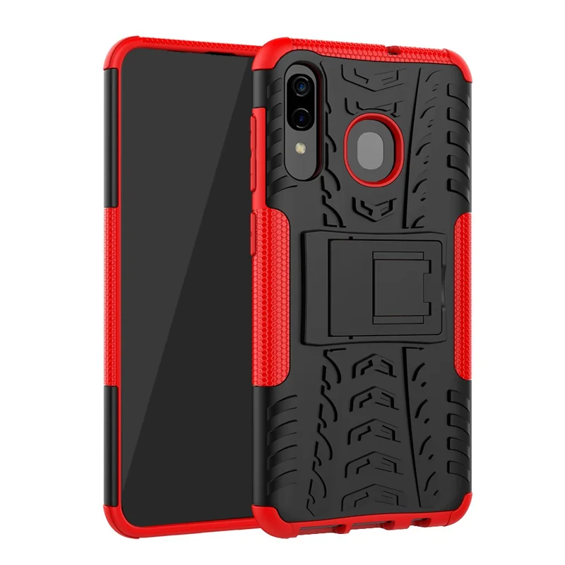 For Samsung Galaxy A50/A30/A20 Cool Tyre PC + TPU Hybrid Case with Kickstand - Red