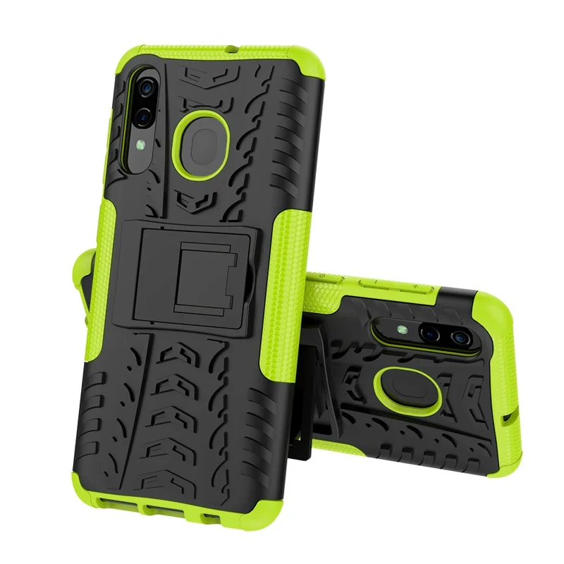 For Samsung Galaxy A50/A30/A20 Cool Tyre PC + TPU Hybrid Case with Kickstand - Green