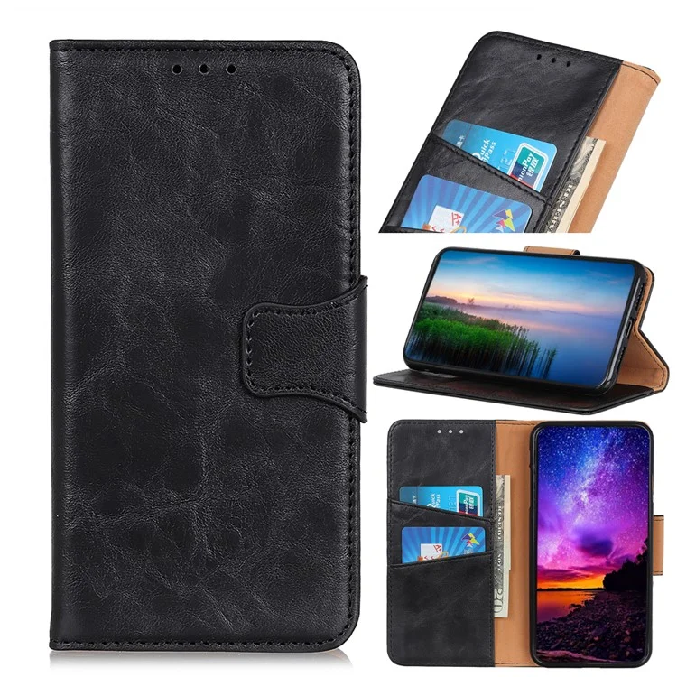 Crazy Horse Split Leather Wallet Stand Mobile Casing Cover for Samsung Galaxy A20e - Black