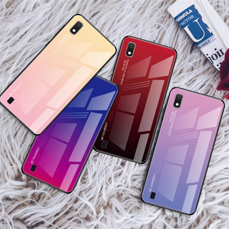 Couleur de Gradient Verre + PC + Étui Hybride TPU Pour Samsung Galaxy A10 - Bleu / Rose