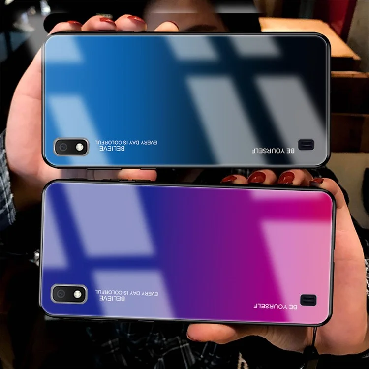 Gradientenfarbe Glas + PC + TPU Hybrid -hülle Für Samsung Galaxy A10 - Blau / Schwarz