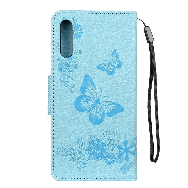 Custodia portafoglio in pelle con stampa farfalle e fiori per Samsung Galaxy A50 / A50s / A30s - Blu