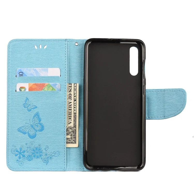Custodia portafoglio in pelle con stampa farfalle e fiori per Samsung Galaxy A50 / A50s / A30s - Blu