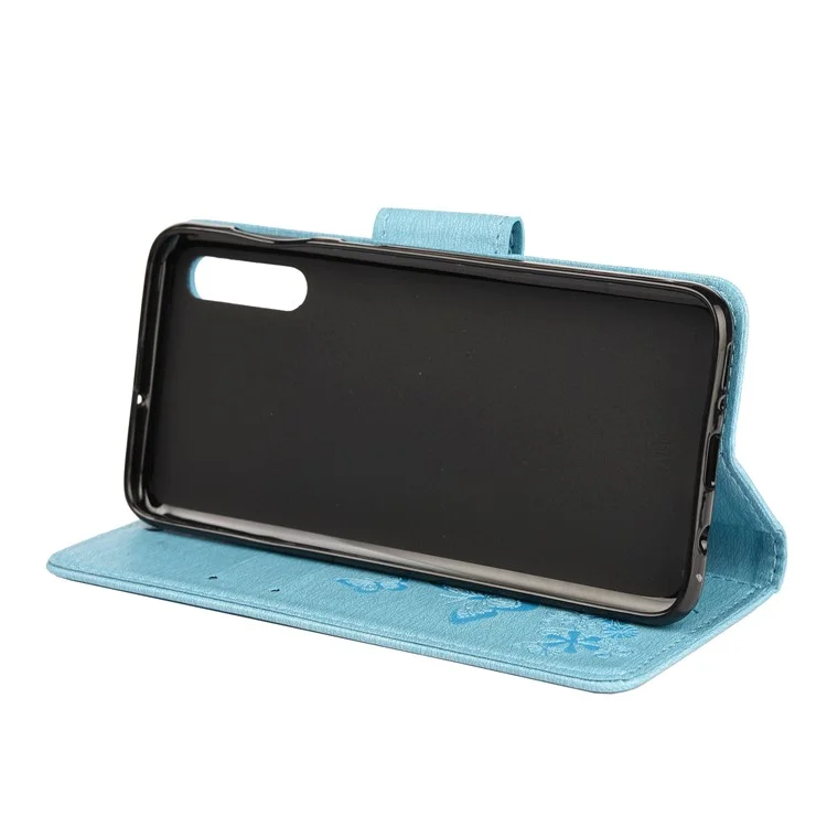 Custodia portafoglio in pelle con stampa farfalle e fiori per Samsung Galaxy A50 / A50s / A30s - Blu