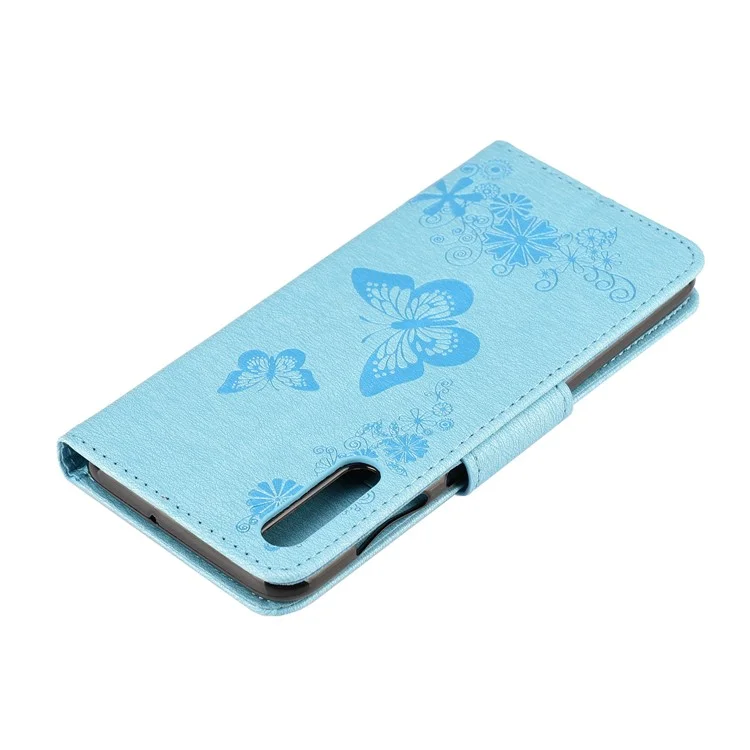 Custodia portafoglio in pelle con stampa farfalle e fiori per Samsung Galaxy A50 / A50s / A30s - Blu