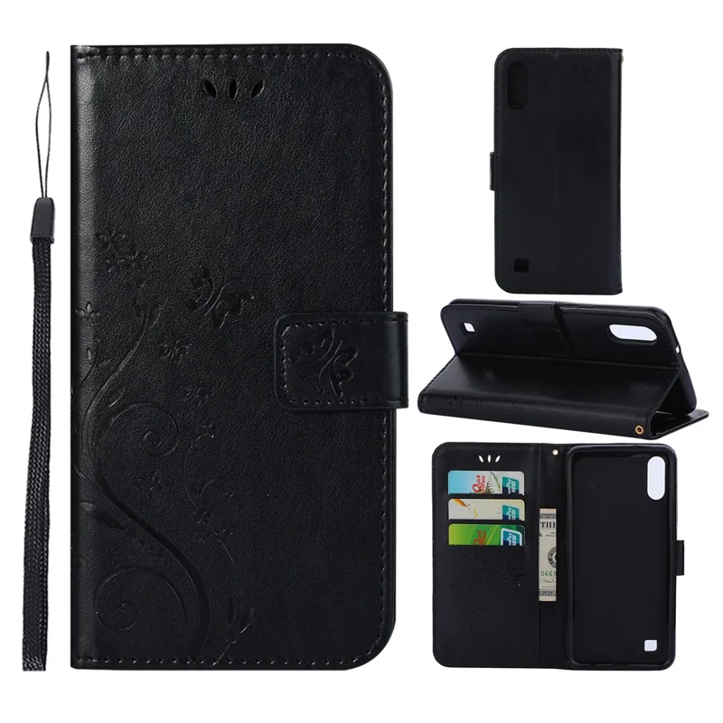 Imprint Butterfly Flower Leather Wallet Case for Samsung Galaxy A10 - Black