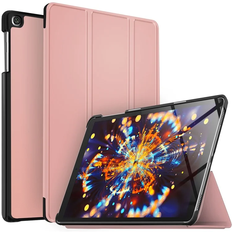 Funda de pie de cuero plegable de tres pliegues de textura sedosa para Samsung Galaxy TAB A 10.1 (2019) SM-T510/SM-T515 - Oro rosa