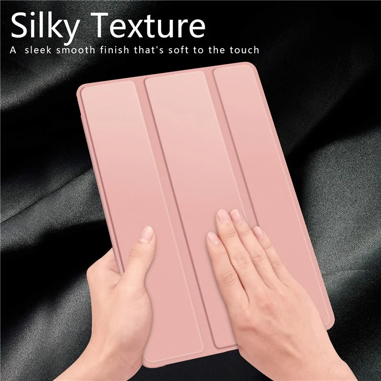 Funda de pie de cuero plegable de tres pliegues de textura sedosa para Samsung Galaxy TAB A 10.1 (2019) SM-T510/SM-T515 - Oro rosa