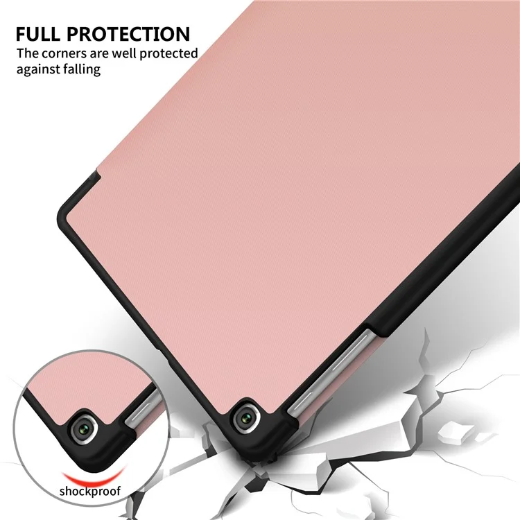 Funda de pie de cuero plegable de tres pliegues de textura sedosa para Samsung Galaxy TAB A 10.1 (2019) SM-T510/SM-T515 - Oro rosa