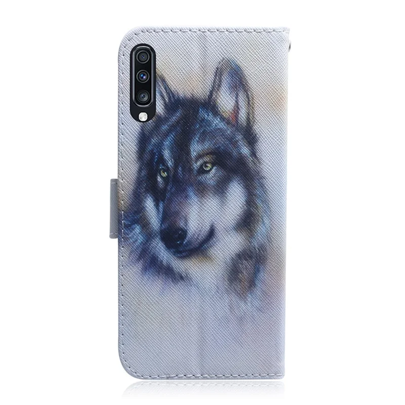 حافظة جلد بتصميم جيوب لهاتف سامسونج جالاكسي A70 - ذئب أسود وأبيض