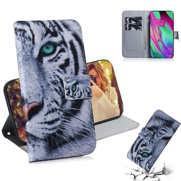 Patterned Leather Wallet Case for Samsung Galaxy A40 - Tiger