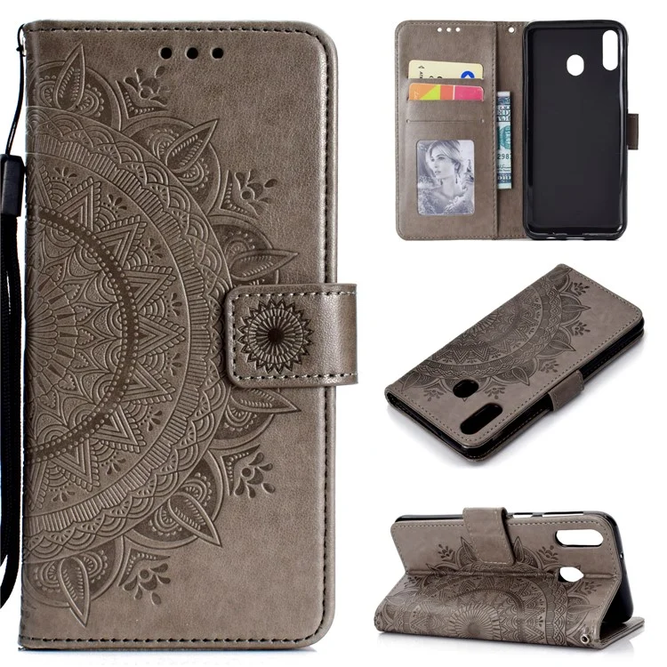 Imprint Flower Leather Wallet Case for Samsung Galaxy A30/A20 - Grey