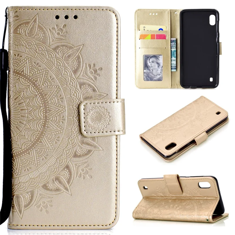 Imprint Flower Leather Wallet Case for Samsung Galaxy A10 - Gold
