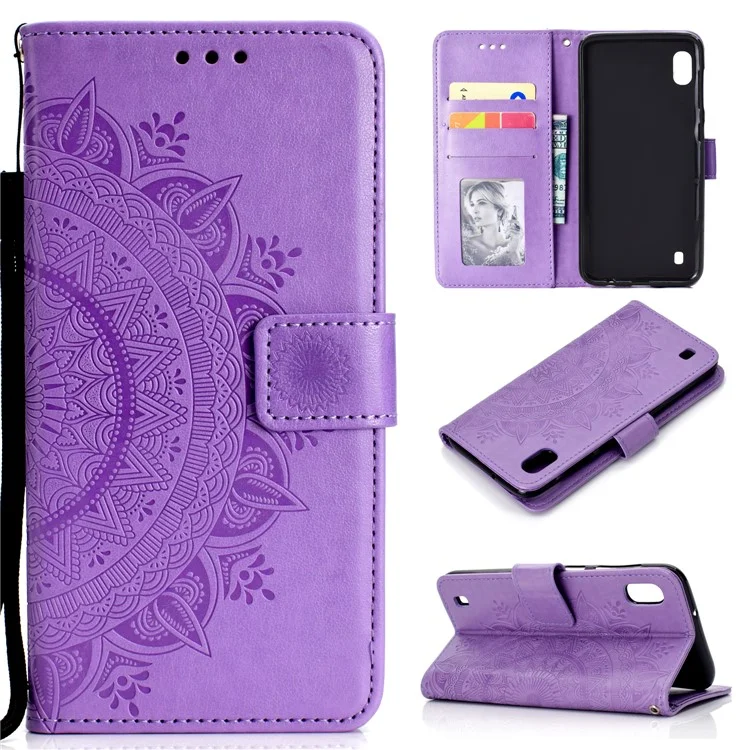 Imprint Flower Leather Wallet Case for Samsung Galaxy A10 - Purple