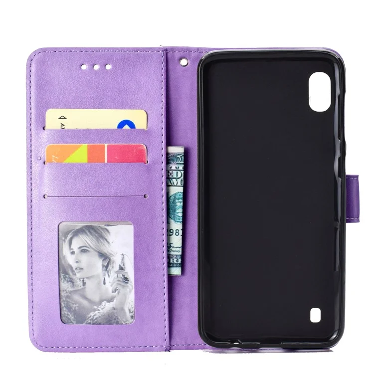 Imprint Flower Leather Wallet Case for Samsung Galaxy A10 - Purple
