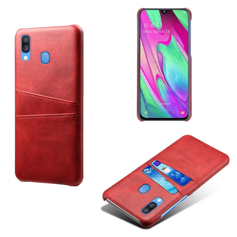 For Samsung Galaxy A40 PU Leather Coated PC Mobile Casing with Dual Card Slots - Red