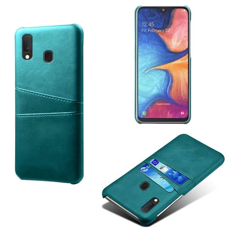 Double Card Slots PU Leather Coated PC Case for Samsung Galaxy A20e - Green