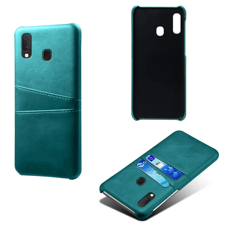 Double Card Slots PU Leather Coated PC Case for Samsung Galaxy A20e - Green