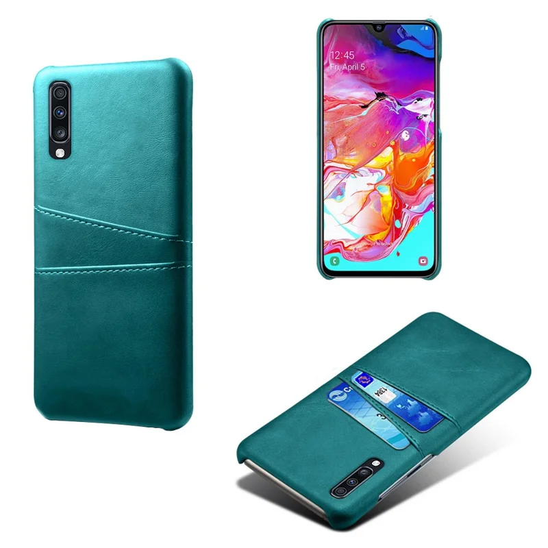 Double Card Slots PU Leather Coated PC Case for Samsung Galaxy A70 - Green
