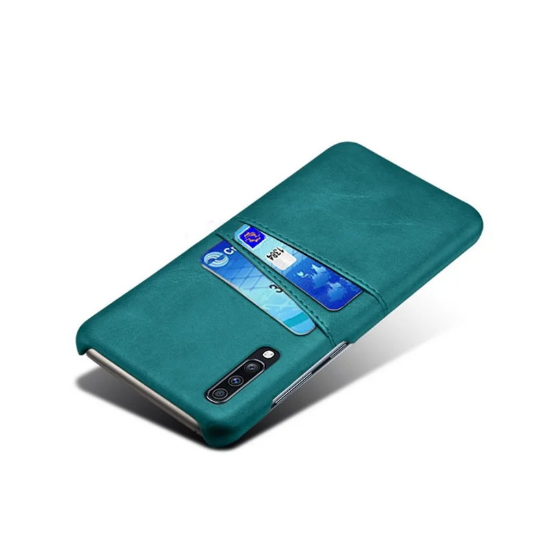 Double Card Slots PU Leather Coated PC Case for Samsung Galaxy A70 - Green