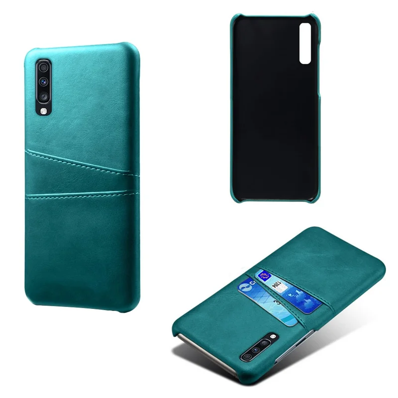 Double Card Slots PU Leather Coated PC Case for Samsung Galaxy A70 - Green
