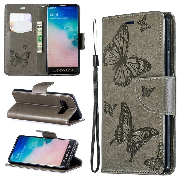 Imprint Butterfly Leather Wallet Phone Case for Samsung Galaxy S10 - Grey