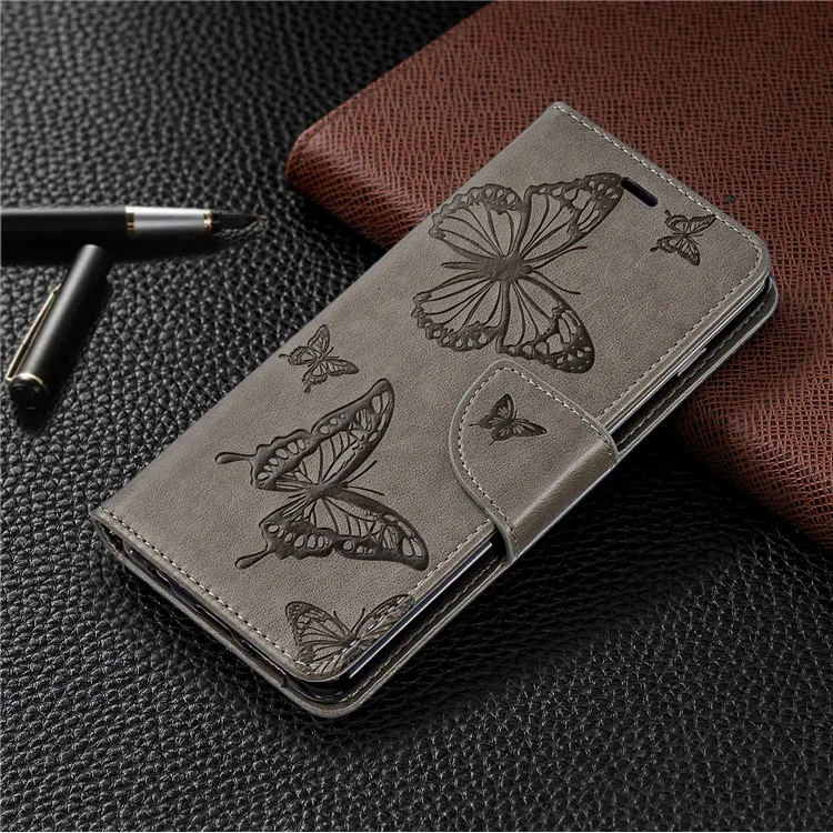 Empreinte Butterfly le Cuir Portefeuille Case de Téléphone Pour Samsung Galaxy S10 - Gris