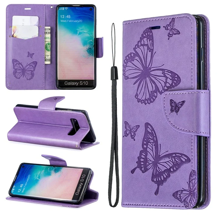 Caixa de Telefone Com Carteira de Couro de Borboleta Para a Samsung Galaxy S10 - Roxo