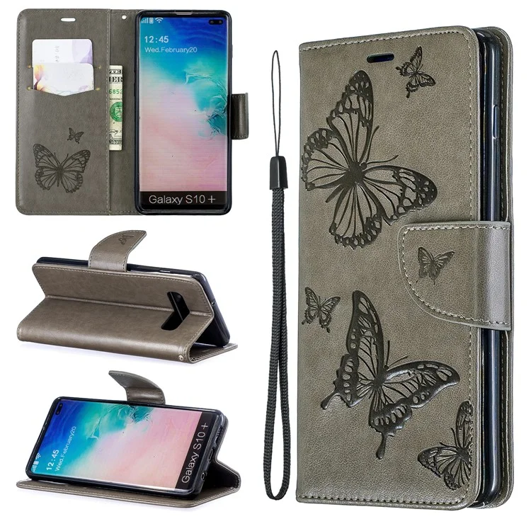 Impresión de la Billetera de la Billetera de la Cubierta de Cuero de Mariposa Para Samsung Galaxy S10 Plus - Gris