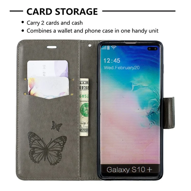 Imprint Butterfly Leather Cover Wallet Phone Case for Samsung Galaxy S10 Plus - Grey