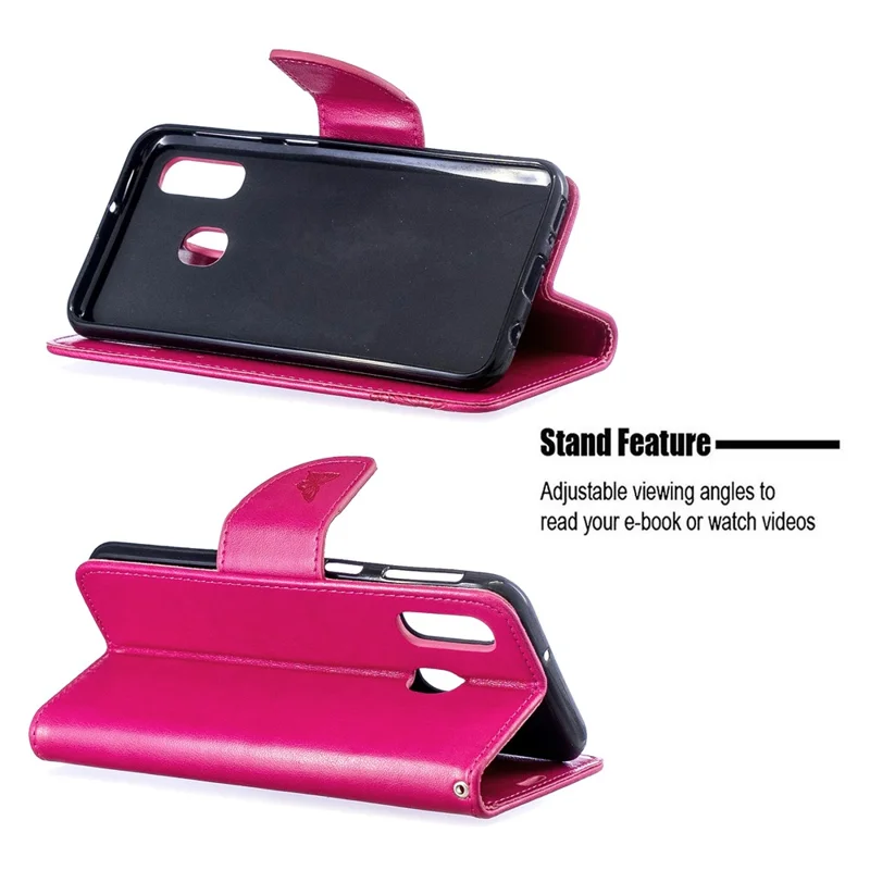 For Samsung Galaxy A40 PU Leather Imprint Butterflies Phone Case - Rose