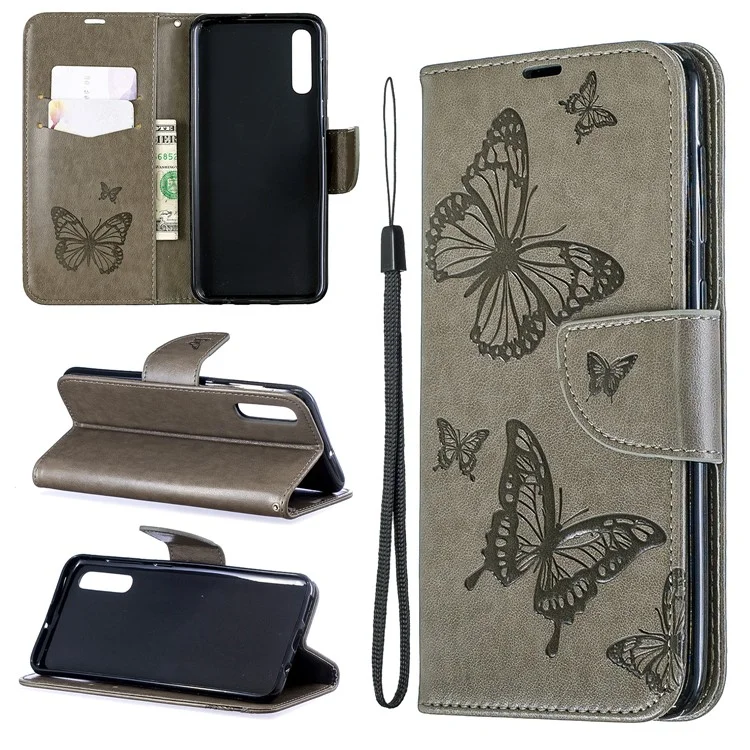 For Samsung Galaxy A50/A50s/A30s PU Leather Imprint Butterflies Phone Case - Grey