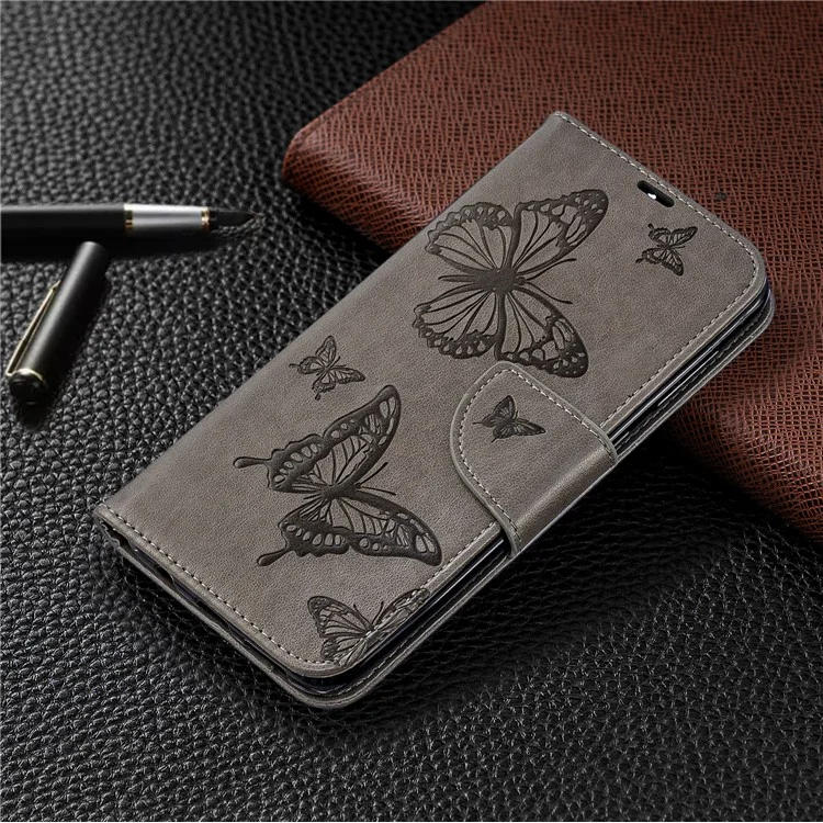 Pour Samsung Galaxy A50 / A50s / A30s PU le Cuir Imprint Butterflies Téléphone - Gris