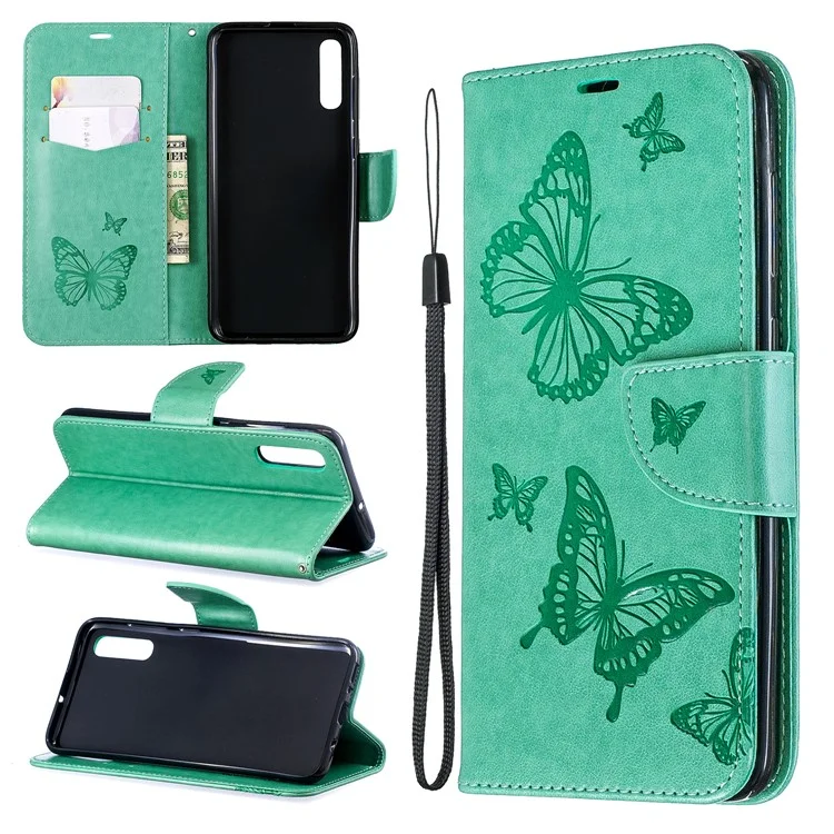 Per Samsung Galaxy A70 PU Impronta in Pelle Farfalle Casella di Farfalle Butterflies Custodia Per Telefono - Verde