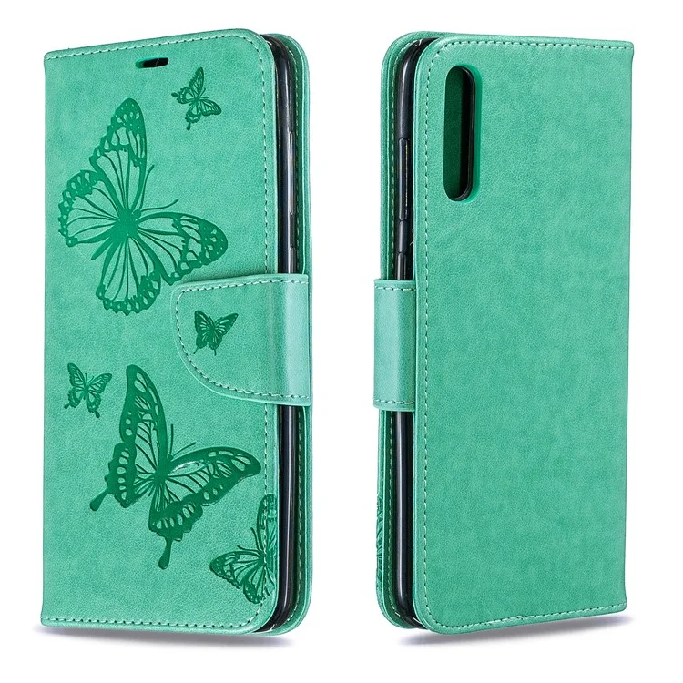 Per Samsung Galaxy A70 PU Impronta in Pelle Farfalle Casella di Farfalle Butterflies Custodia Per Telefono - Verde