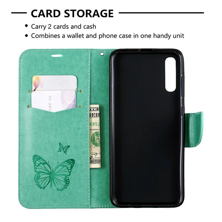 For Samsung Galaxy A70 PU Leather Imprint Butterflies Phone Case Butterflies Phone Case - Green