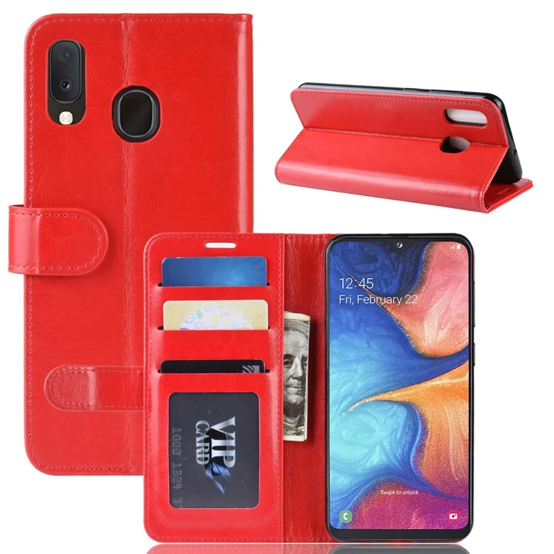 Crazy Horse PU Leather Stand Wallet Flip Case for Samsung Galaxy A20e - Red