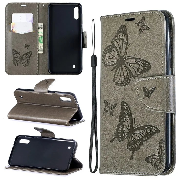 Imprint Butterfly Leather Wallet Case for Samsung Galaxy A10/M10 - Grey